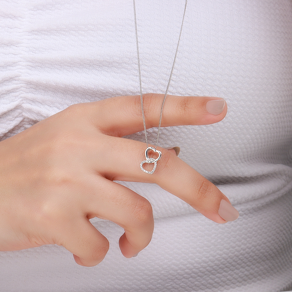 4 Prong Round White Gold Double Heart Pendant Necklace