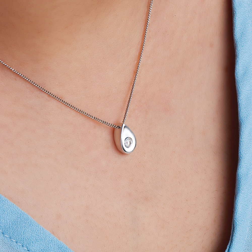 Bezel Setting Round Silver tear drop Solitaire Pendant Necklace