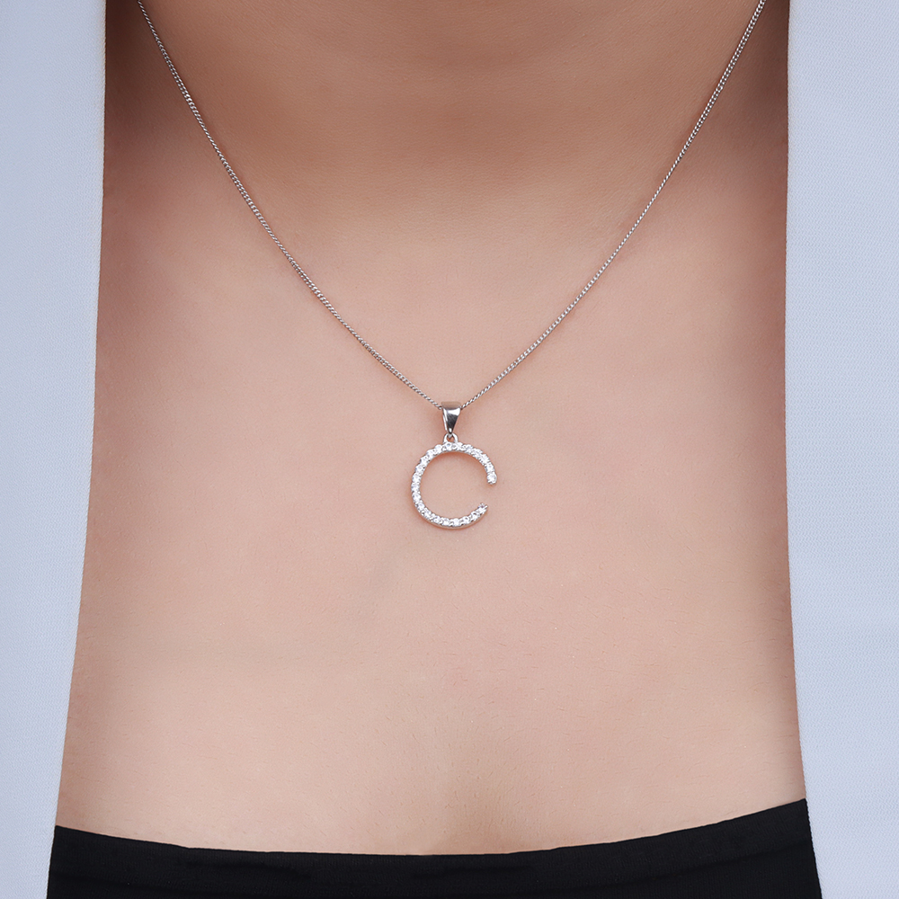 Pave Setting Round White Gold Initial Pendant Necklace