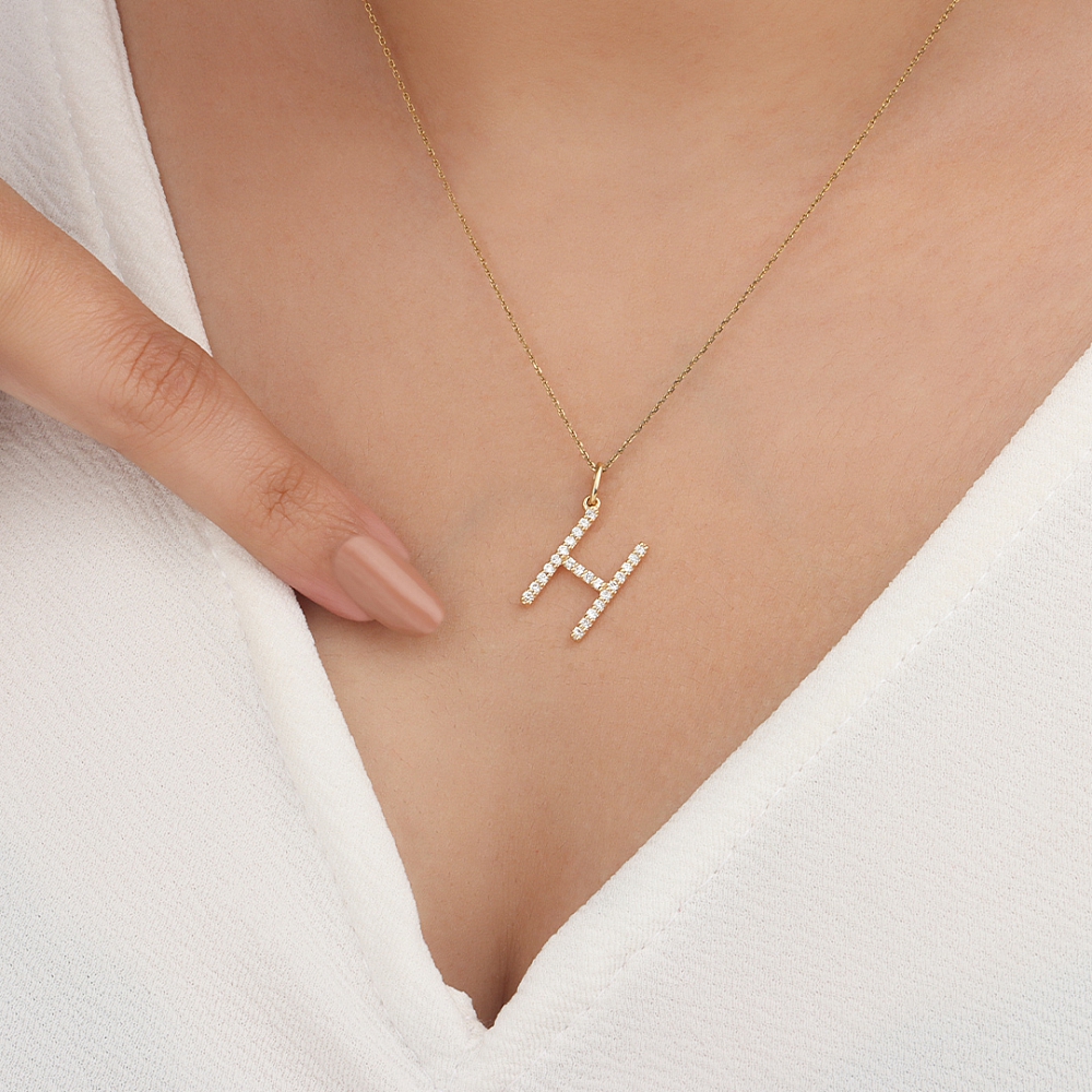 Pave Setting Round Alphabet h letter Initial Pendant Necklaces
