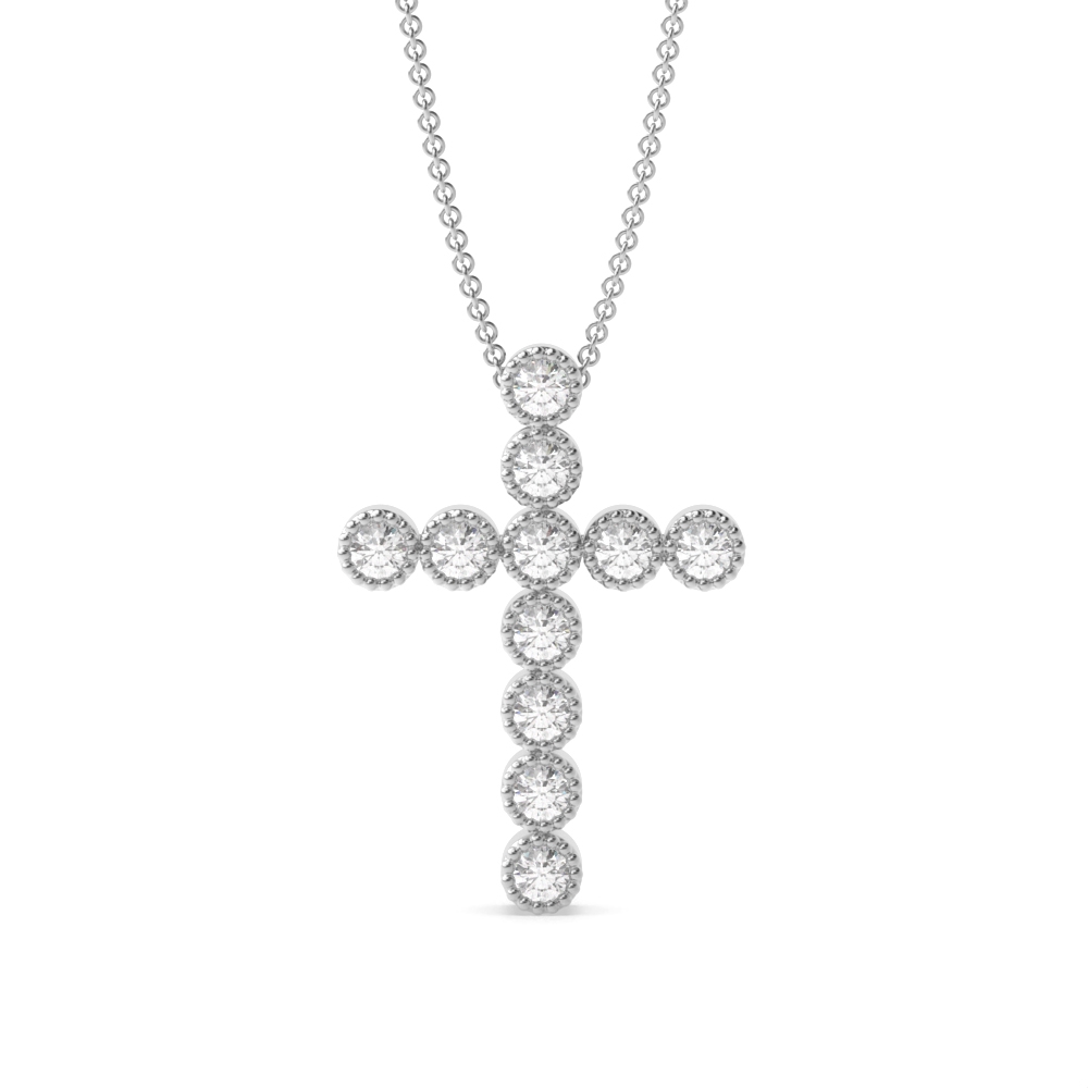 Bezel Setting Round Shape Miligrain Vintage Style Diamond Cross Necklace  (18.20mm X 13.00mm)