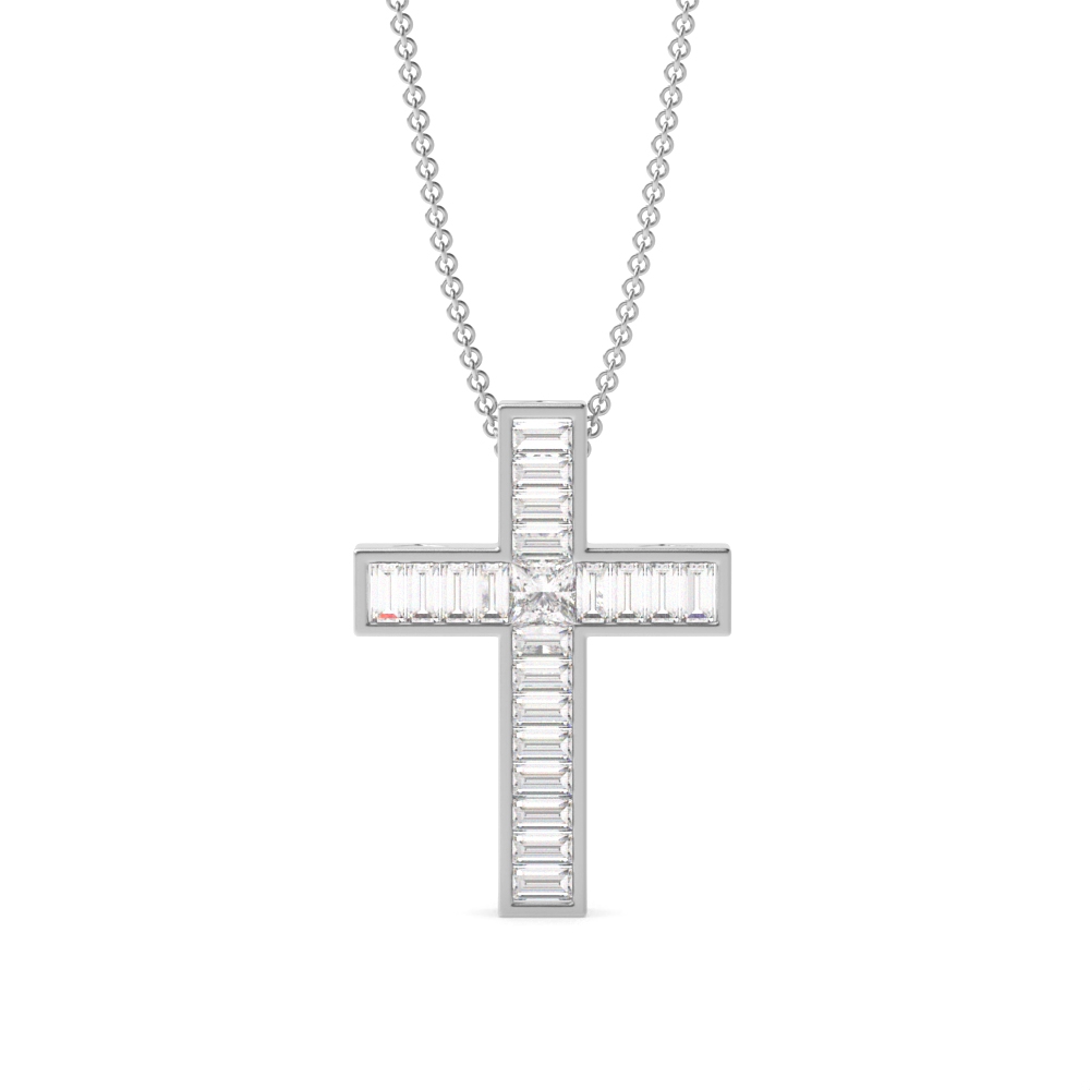Channel Setting Baguette Diamond Exclusive and Luxurious Cross Necklace  (16.40mm X 12.00mm)