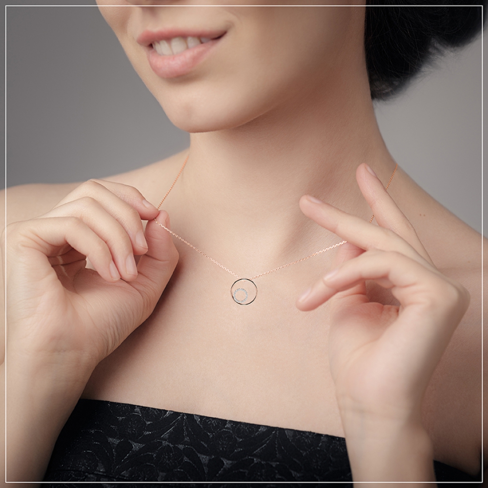 Pave Setting Round Rose Gold Circle Pendant Necklace