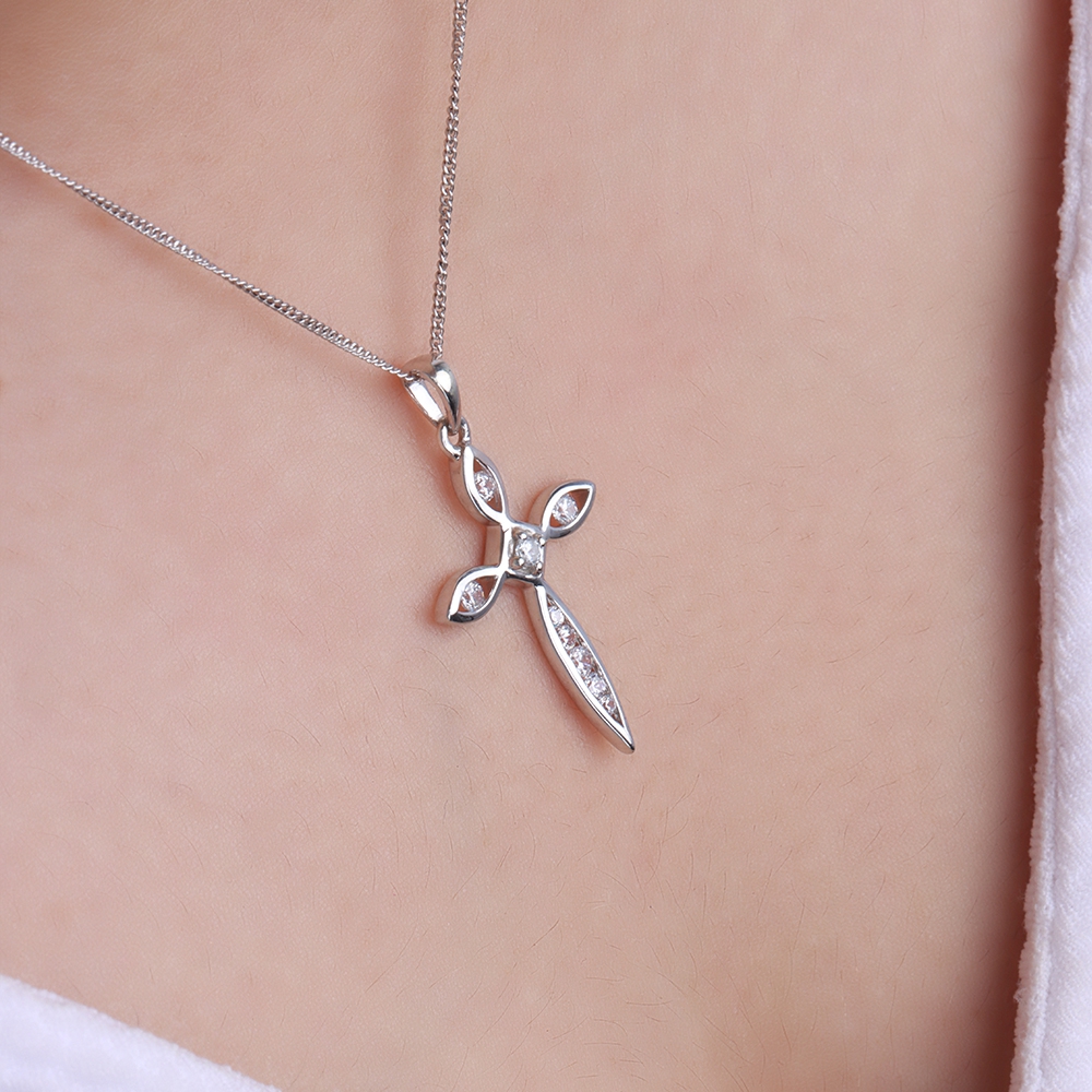 Channel Setting Round Moissanite Cross Pendant Necklace