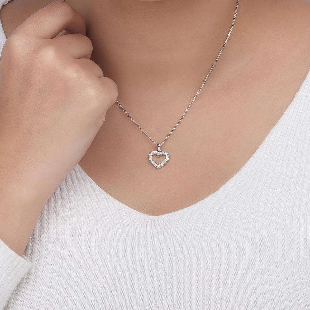 Pave Setting Round Tiny Open Heart Pendant Necklace