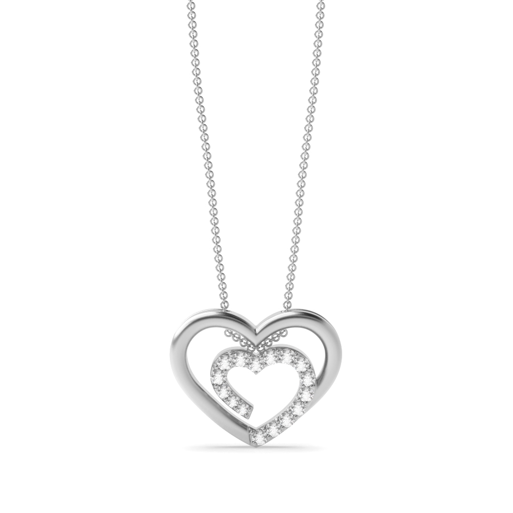Pave Setting Diamond Double Heart Necklace in Gold and Platinum (11.80mm X 14.50mm)