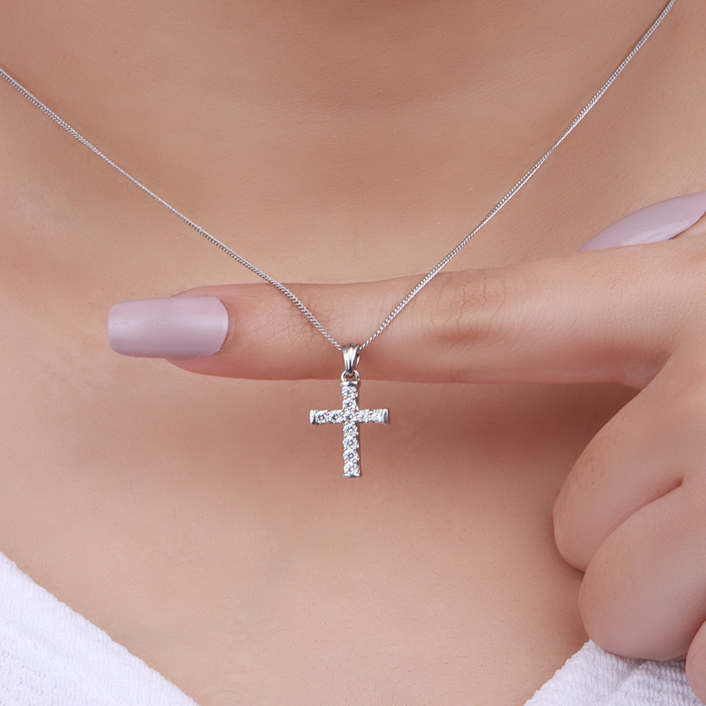 Pave Setting Round Naturally Mined Diamond Cross Pendant Necklace
