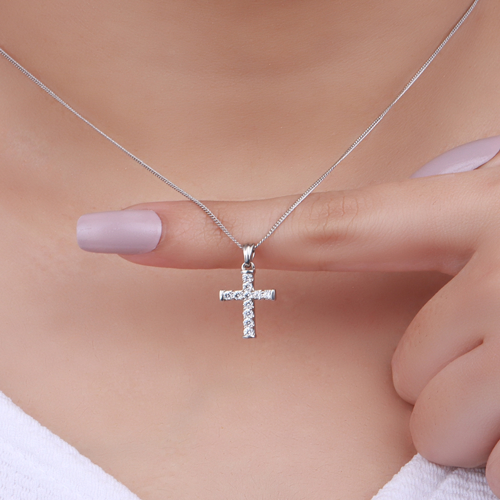 Pave Setting Round Moissanite Cross Pendant Necklace