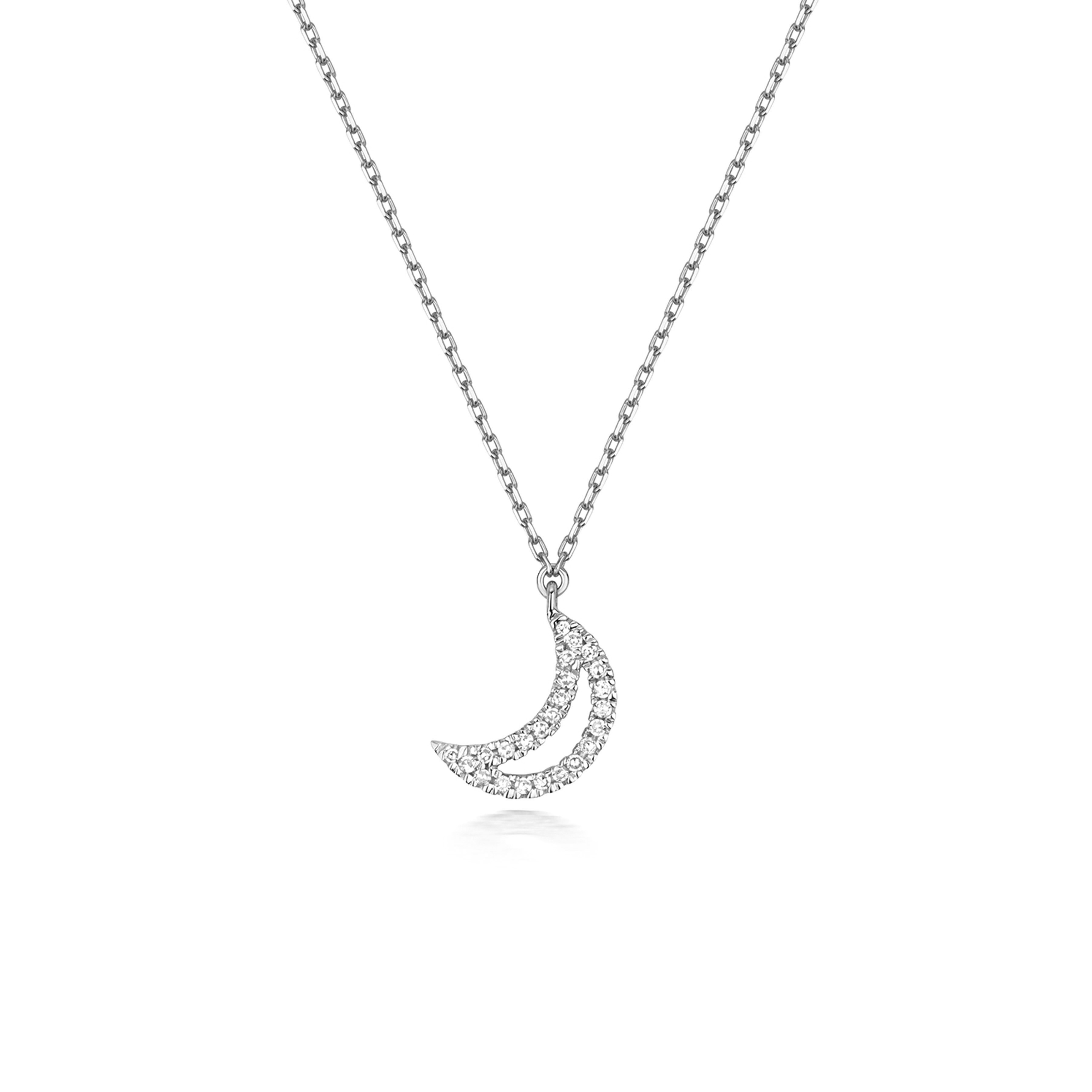 prong setting half moon shaped round diamond necklace