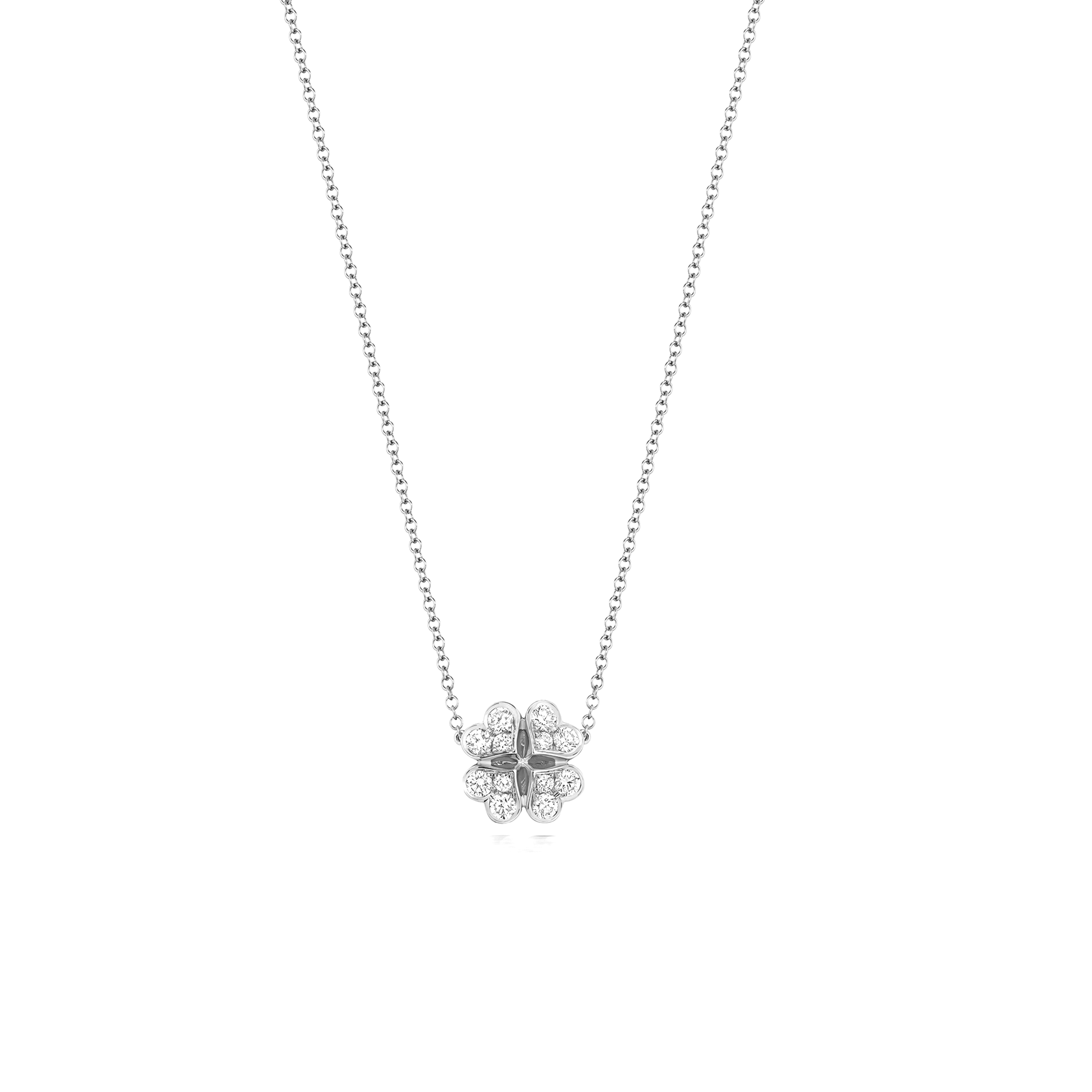 prong setting heart shaped round diamond clover necklace