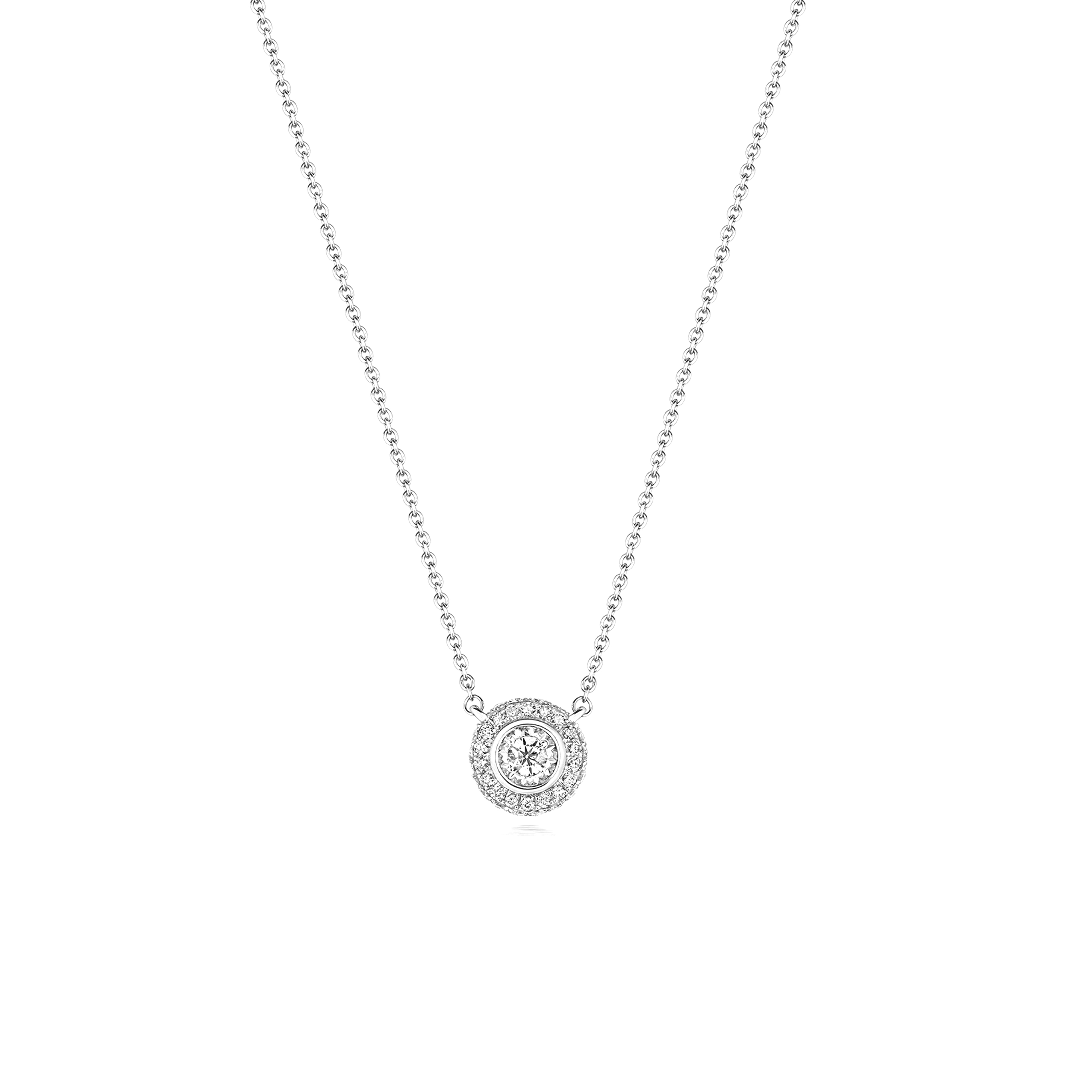 bezel and prong setting halo solitaire round diamond necklace