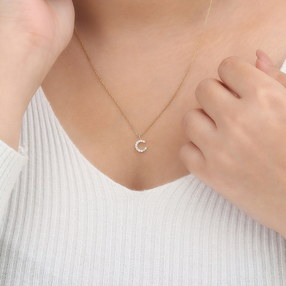 4 Prong Round Petit alphabet c Initial Pendant Necklaces