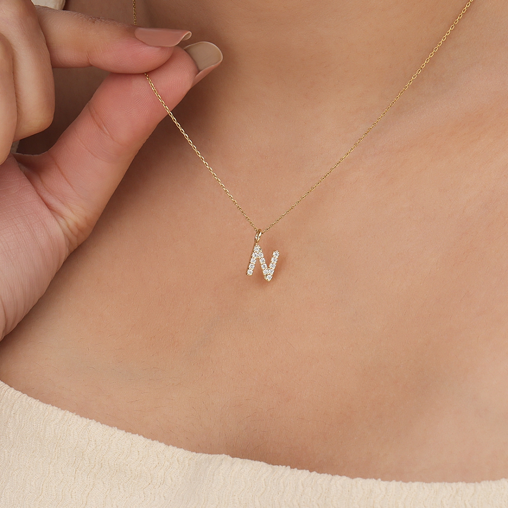 4 Prong Round Yellow Gold Petit alphabet n Pendant Necklaces
