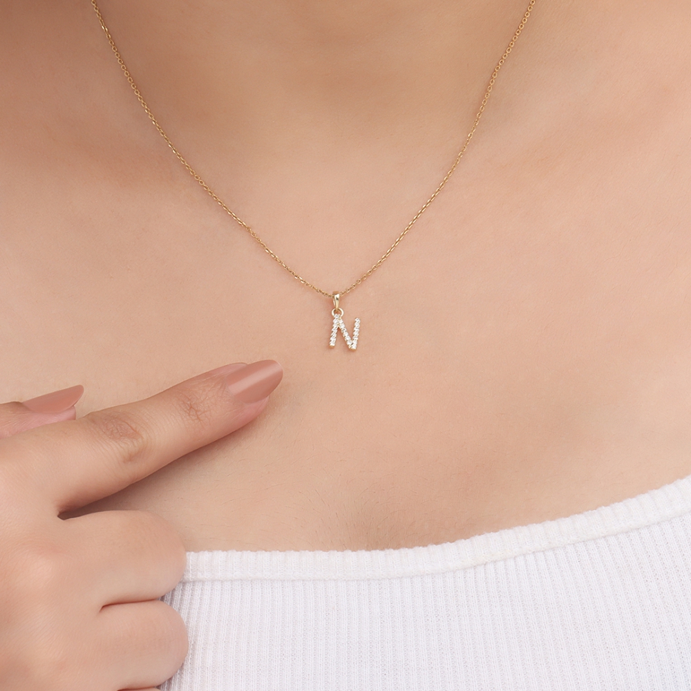 4 Prong Round White Gold Letter N Initial Pendant Necklace