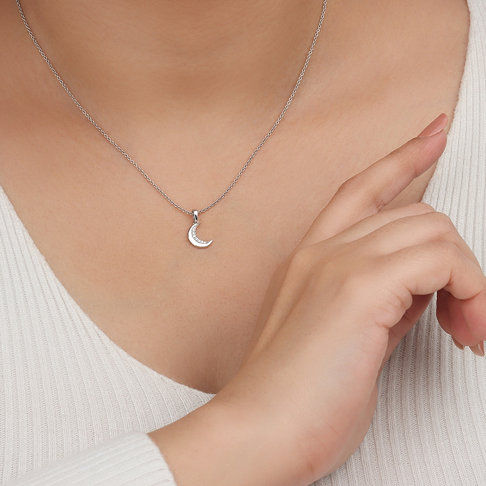 Pave Setting Round Moon Pendant Necklaces