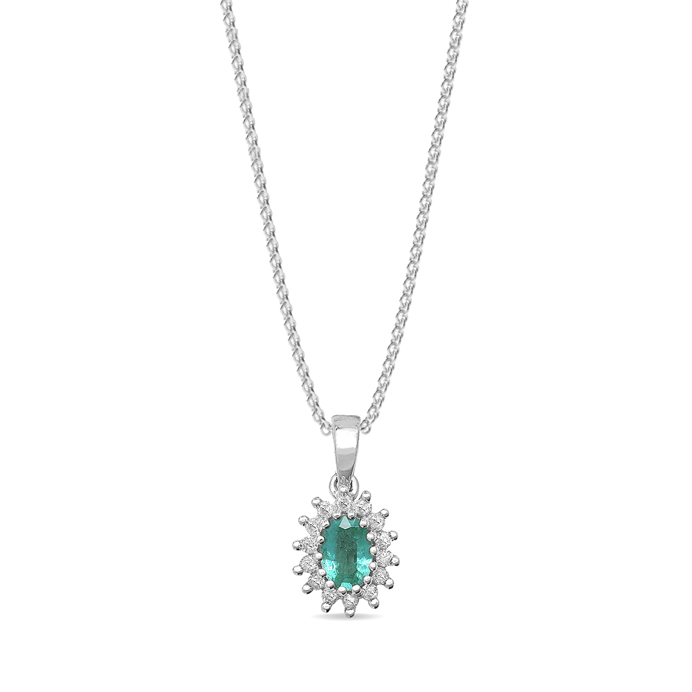 prong setting oval shape emerald gemstone and side stone pendant