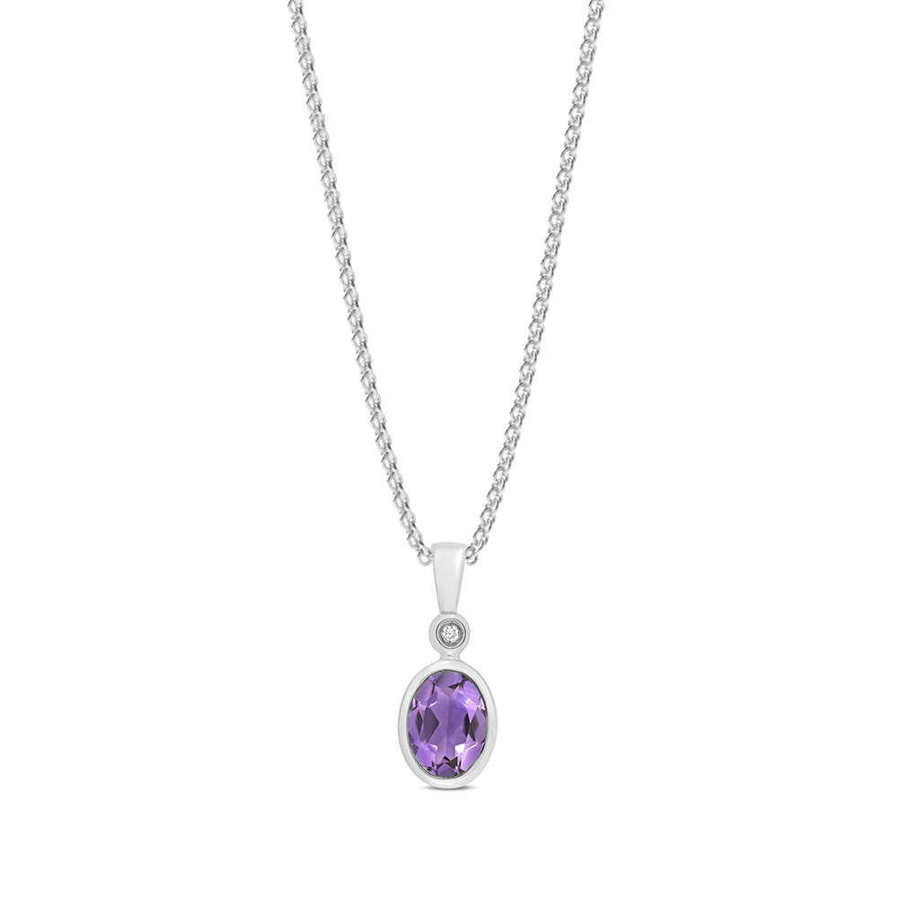 bezel setting oval shape amethyst gemstone and diamond pendant(6 MM X 16 MM)