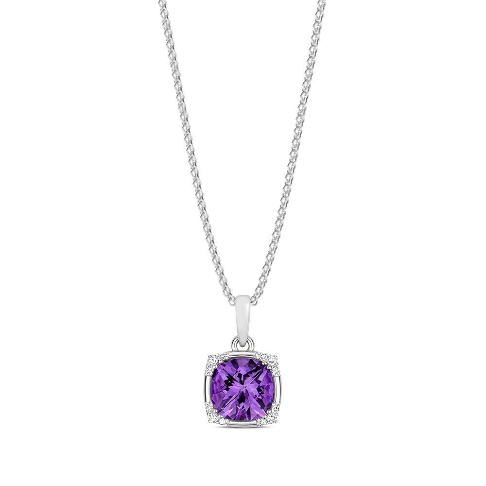 double prong setting cushion shape amethyst gemstone and side stone pendant(9 MM X 15 MM)