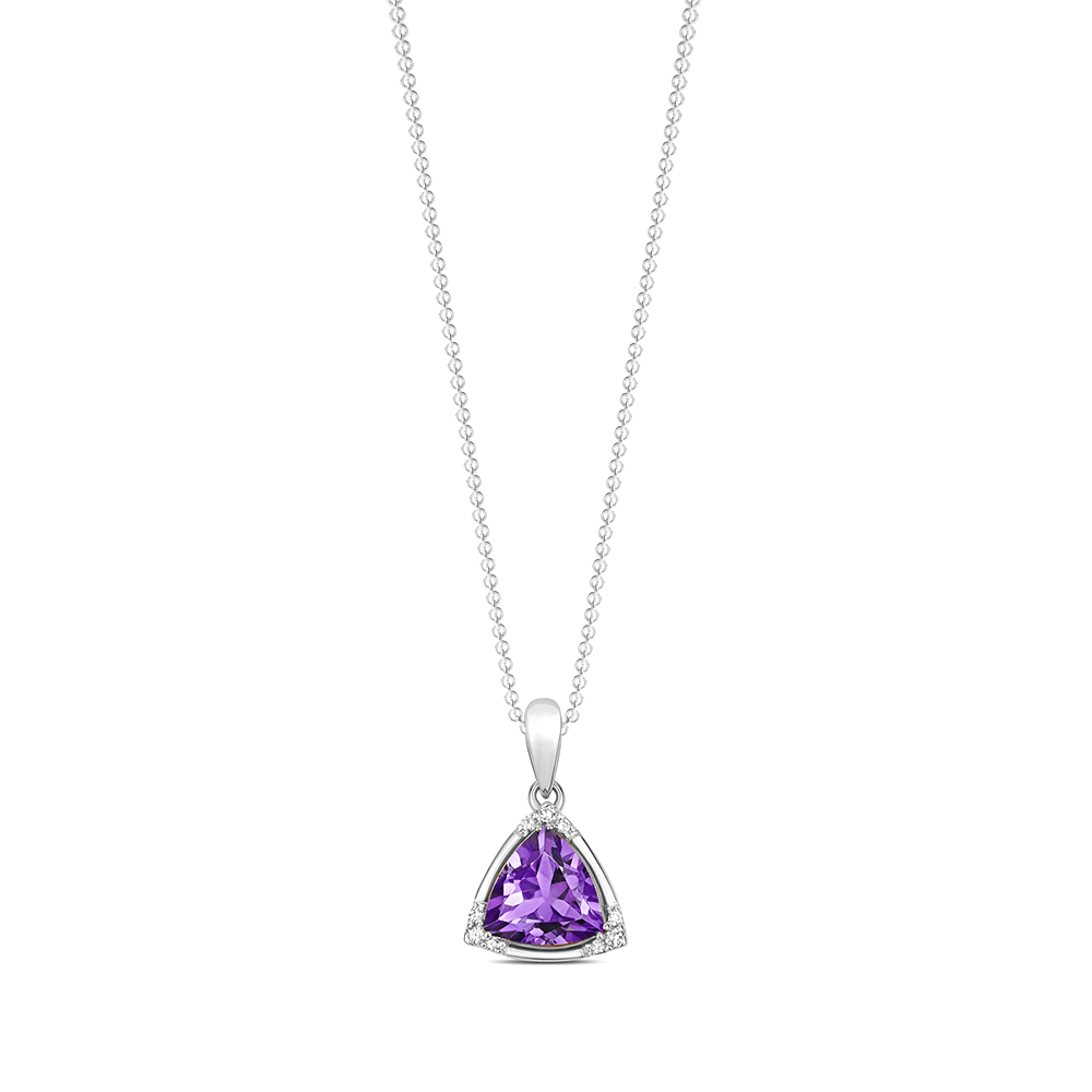 double prong setting trillion shape amethyst gemstone and side stone pendant