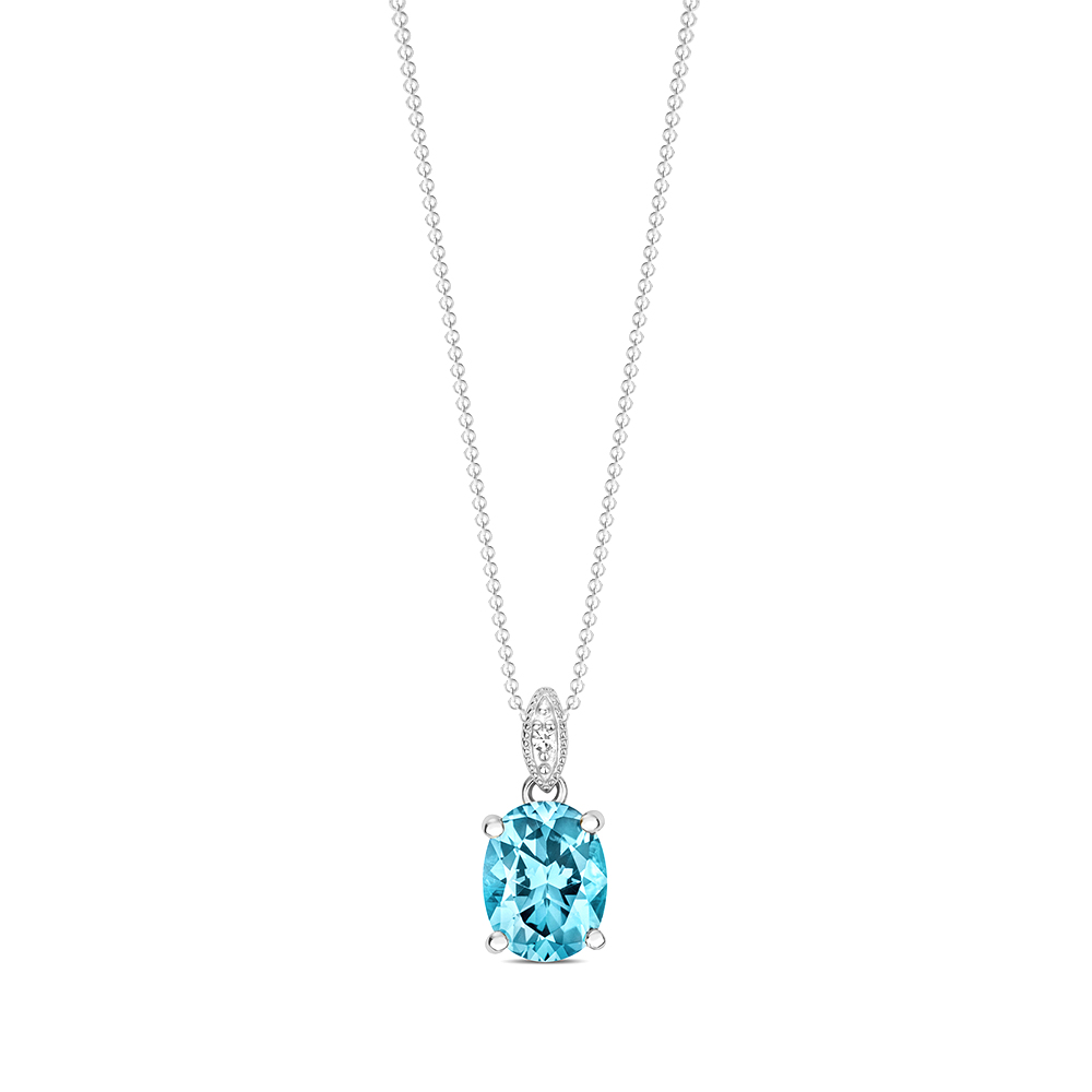 prong setting oval shape blue topaz gemstone and side stone pendant