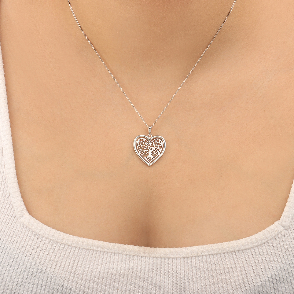 Silver Heart shaped tree Pendant Necklaces