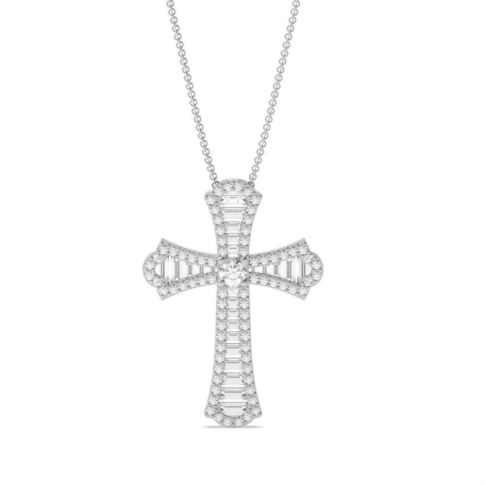 prong setting round and baguette diamond cross pendant