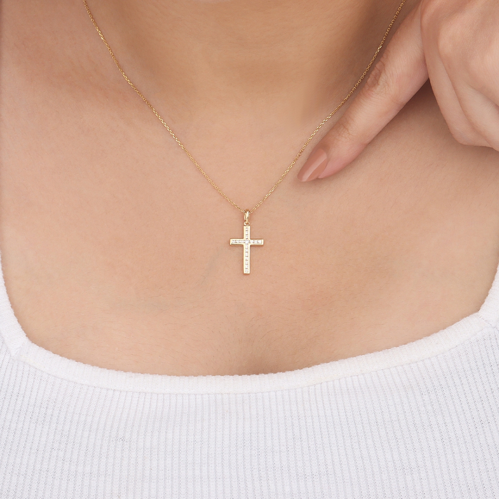 Channel Setting Round Yellow Gold Stud Flicker Cross Pendant Necklace