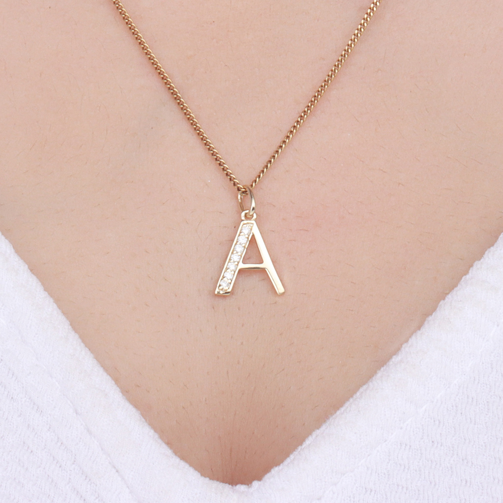 Pave Setting Round Yellow Gold Initial Pendant Necklace