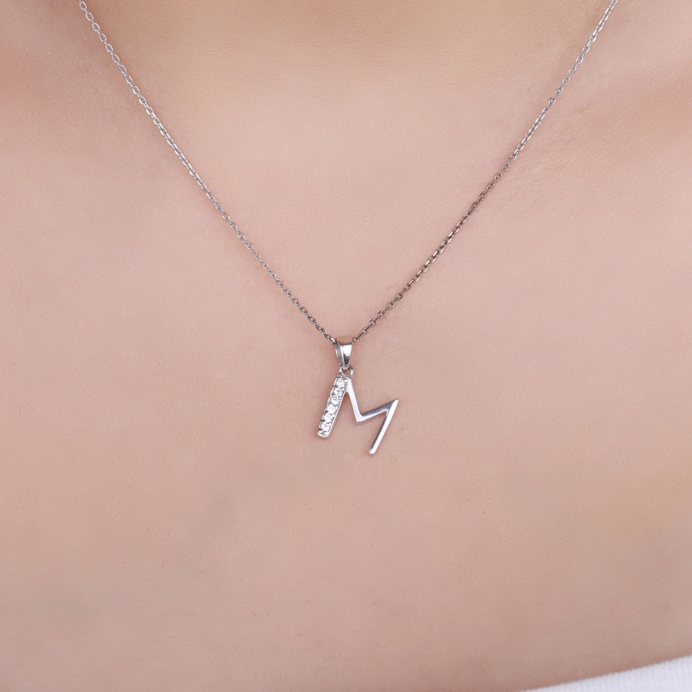 Pave Setting Round White Gold Art Decoitial 'M' Name Initial Pendant Necklace