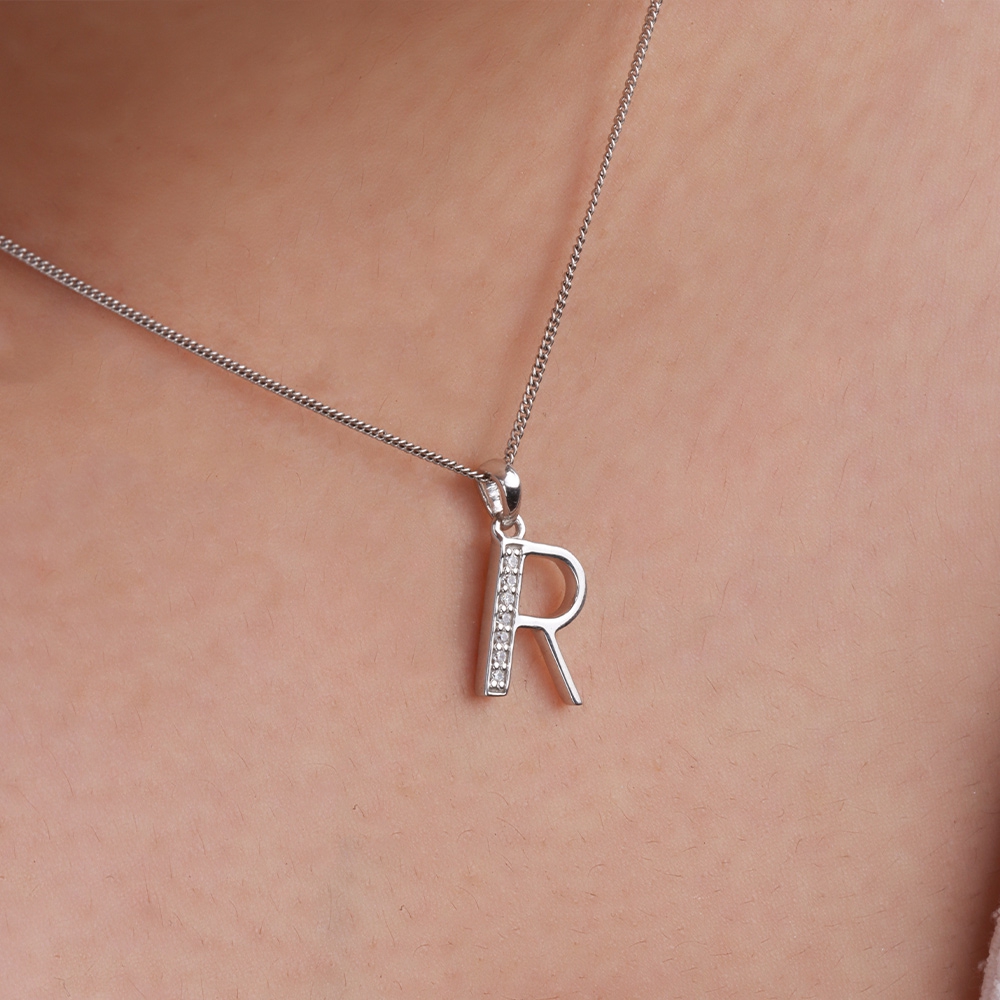 Pave Setting Round White Gold Art Decoitial 'R' Name Initial Pendant Necklace