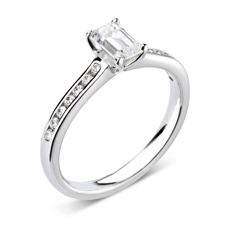 Prong Setting Emerald & Round Side Stone Diamond Engagement Ring