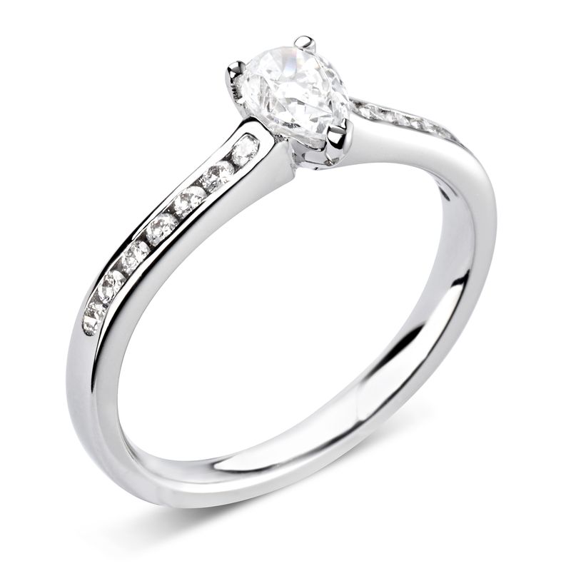 Prong Setting Pear & Round Shoulder Set Accented Side Diamond Engagement Ring