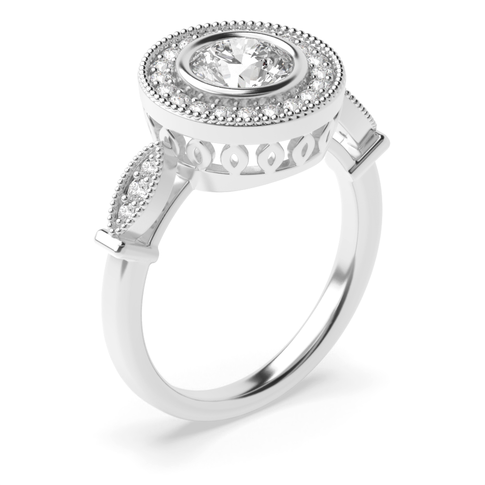 Bezel Round Shape Vintage Halo Diamond Engagement Rings in Gold & Platinum