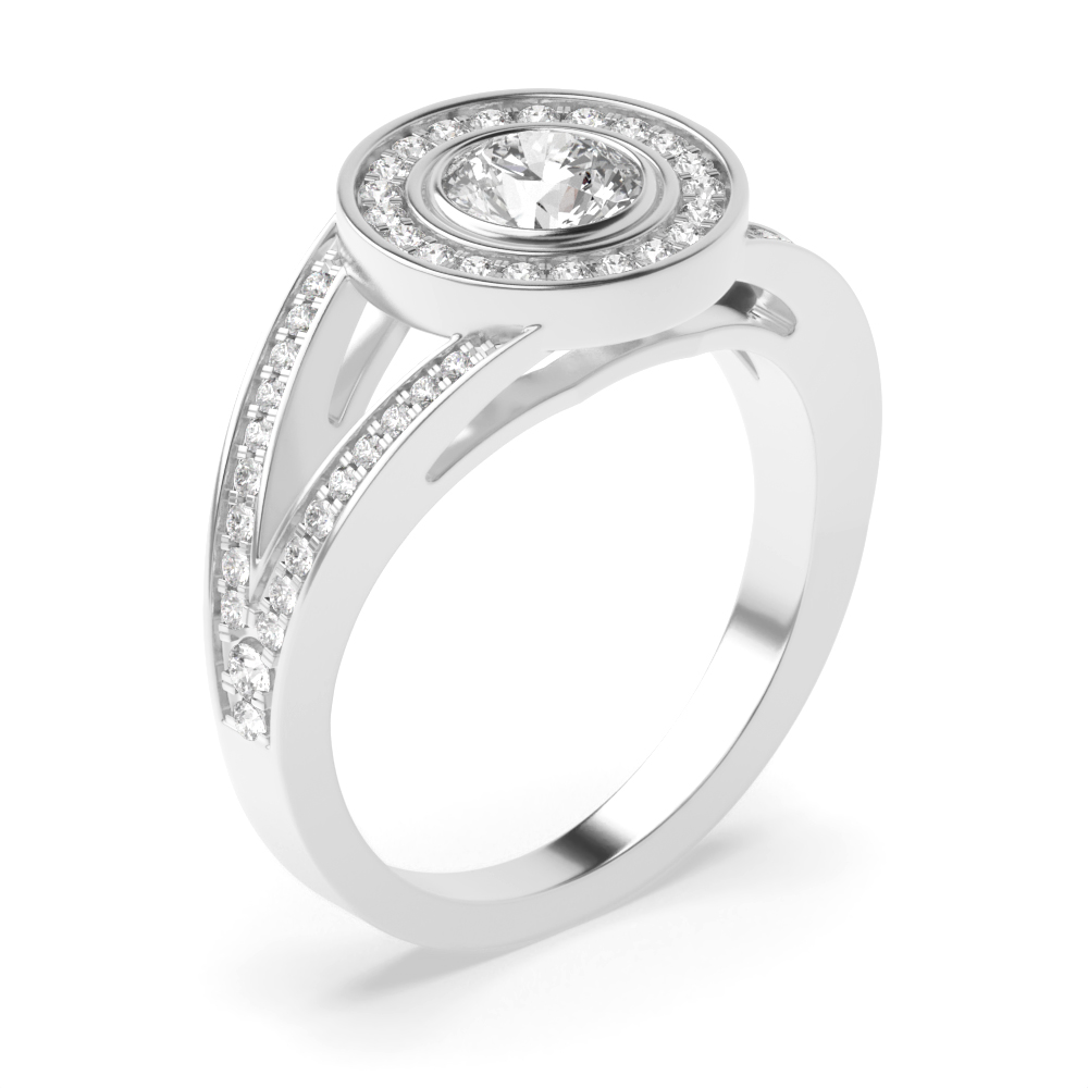 Bezel Setting Round Shape Split Shoulder Halo Diamond Engagement Rings