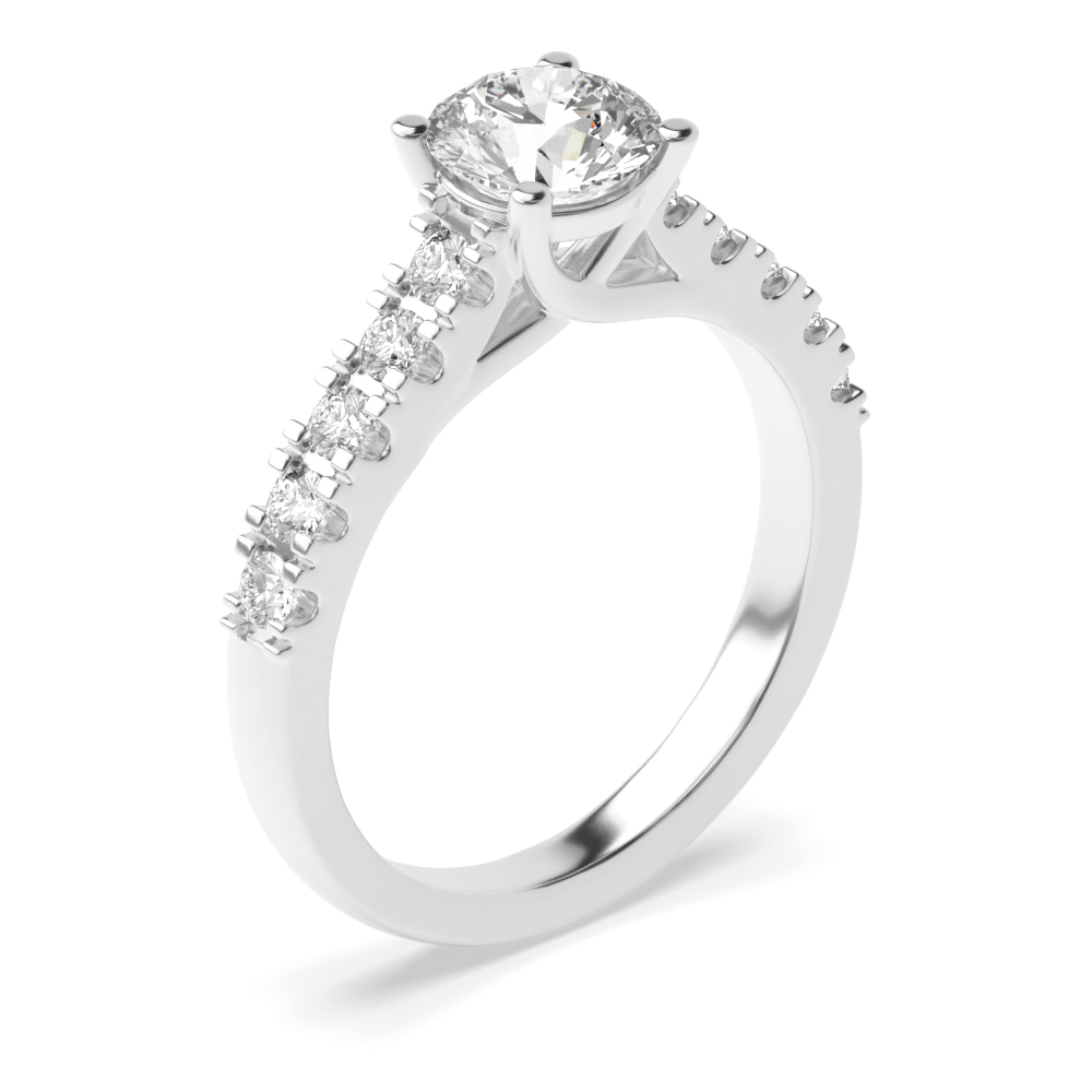 Round Cut Side Stone On Shoulder Set Accented Diamond Engagement Ring White Gold