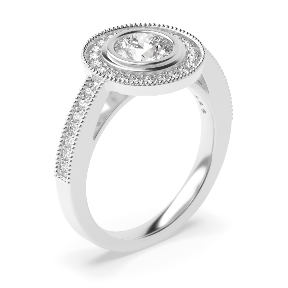 Bezel Setting Round Shape Miligrain Halo Diamond Engagement Rings
