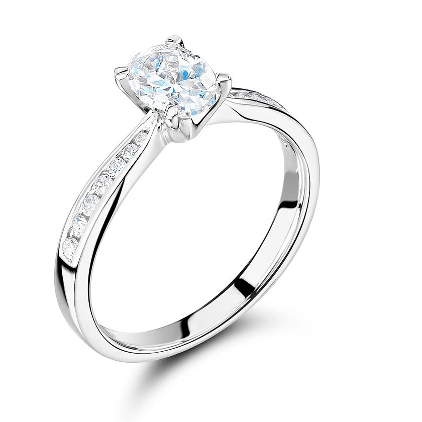 Oval Shape Side Stone On Shoulder Set Accented Diamond Engagement Ring