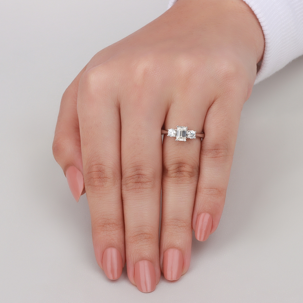 4 Prong Emerald/Round White Gold Three Stone Engagement Ring