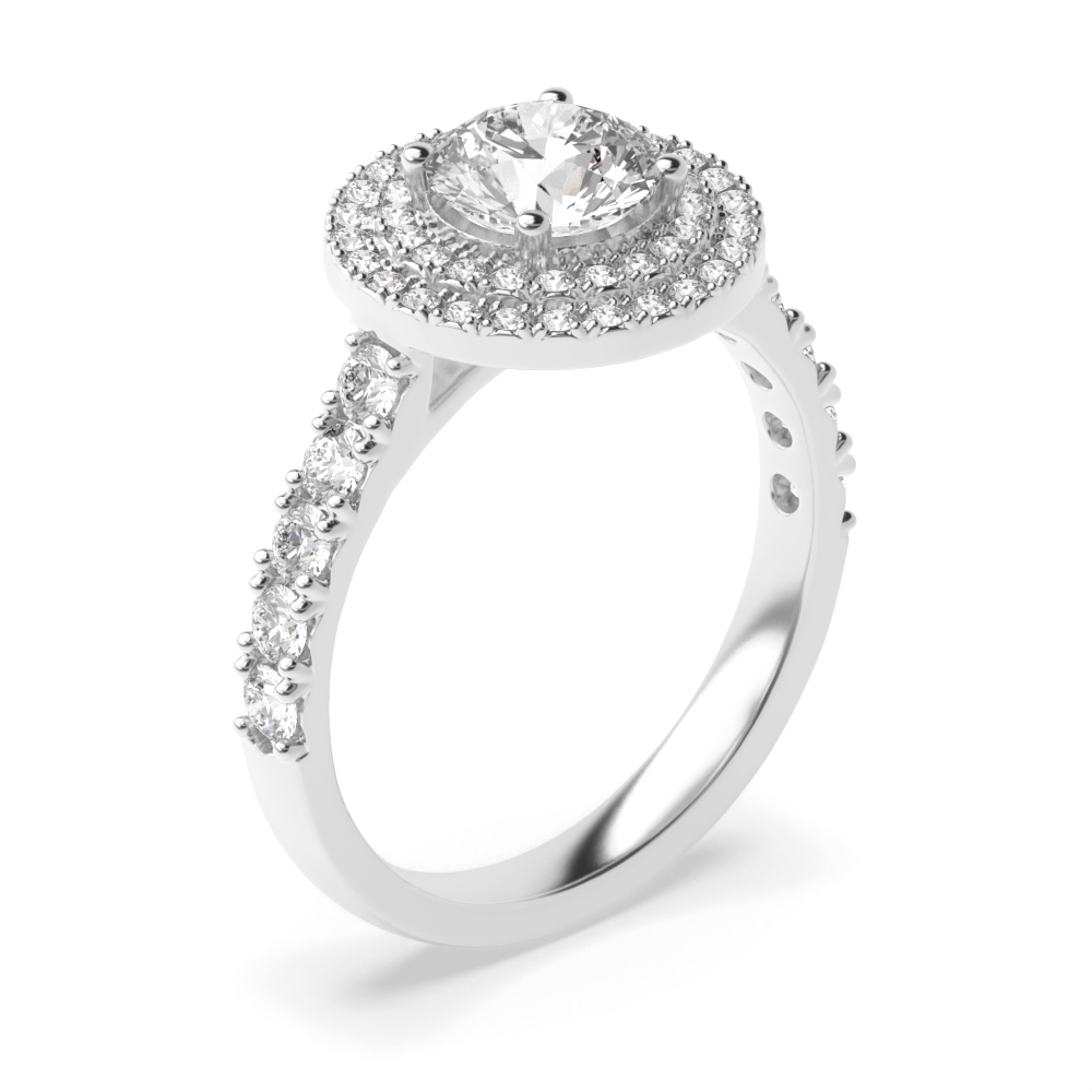4 Prong Setting Round Shape 2 Row Halo Diamond Engagement Rings