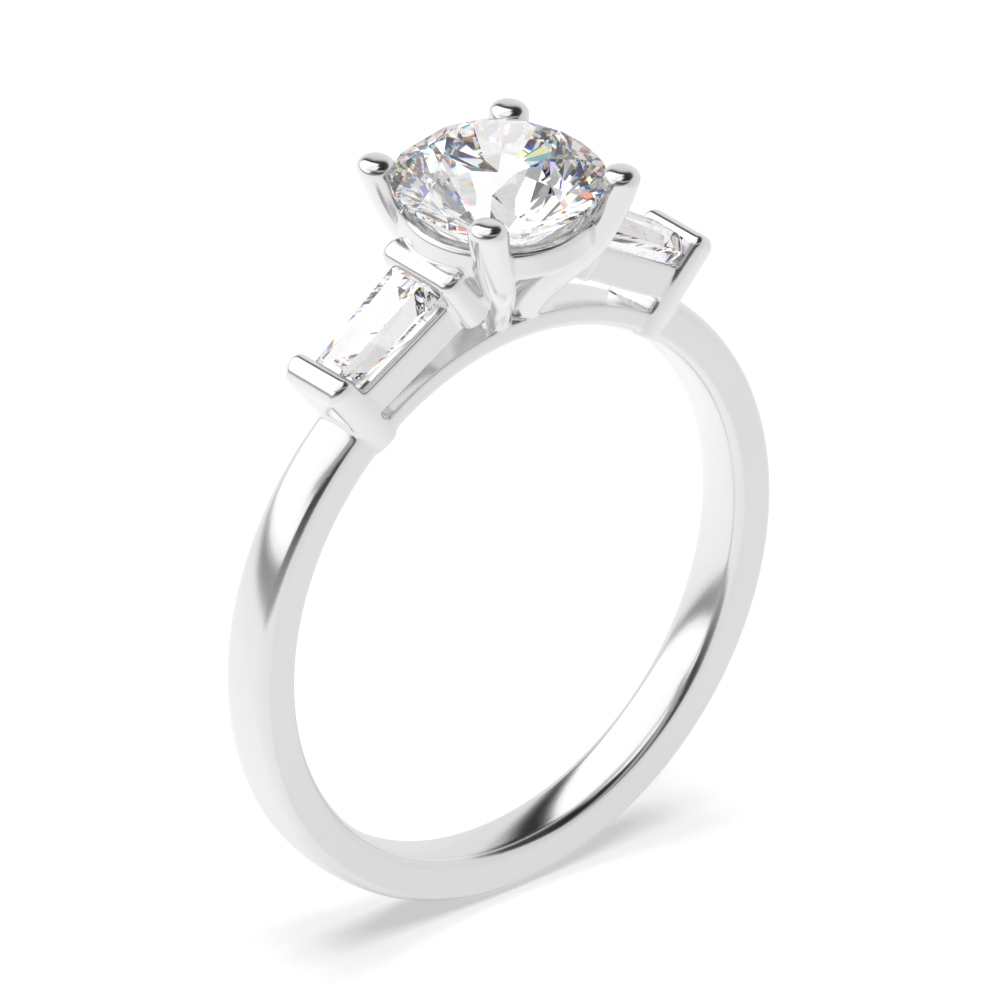 Round Shape And Tapered Baguette On Side Moissanite Engagement Rings