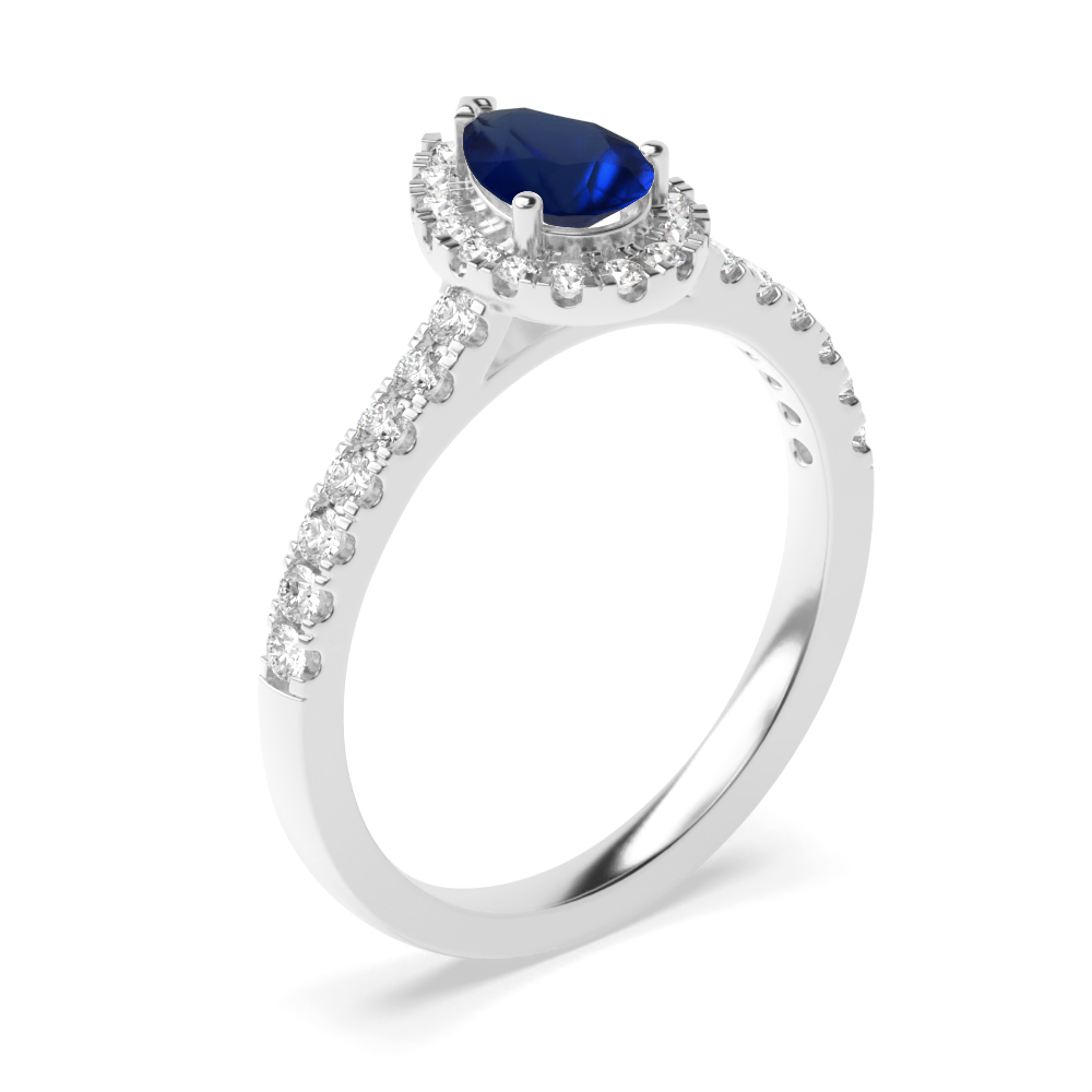 4 Prong Setting Pear Shape  Halo Blue Sapphire Engagement Rings