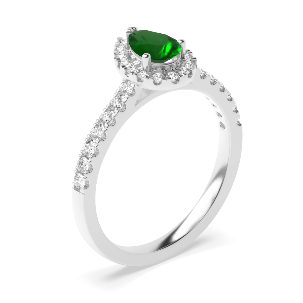 4 Prong Setting Pear Shape  Halo Emerald Engagement Rings
