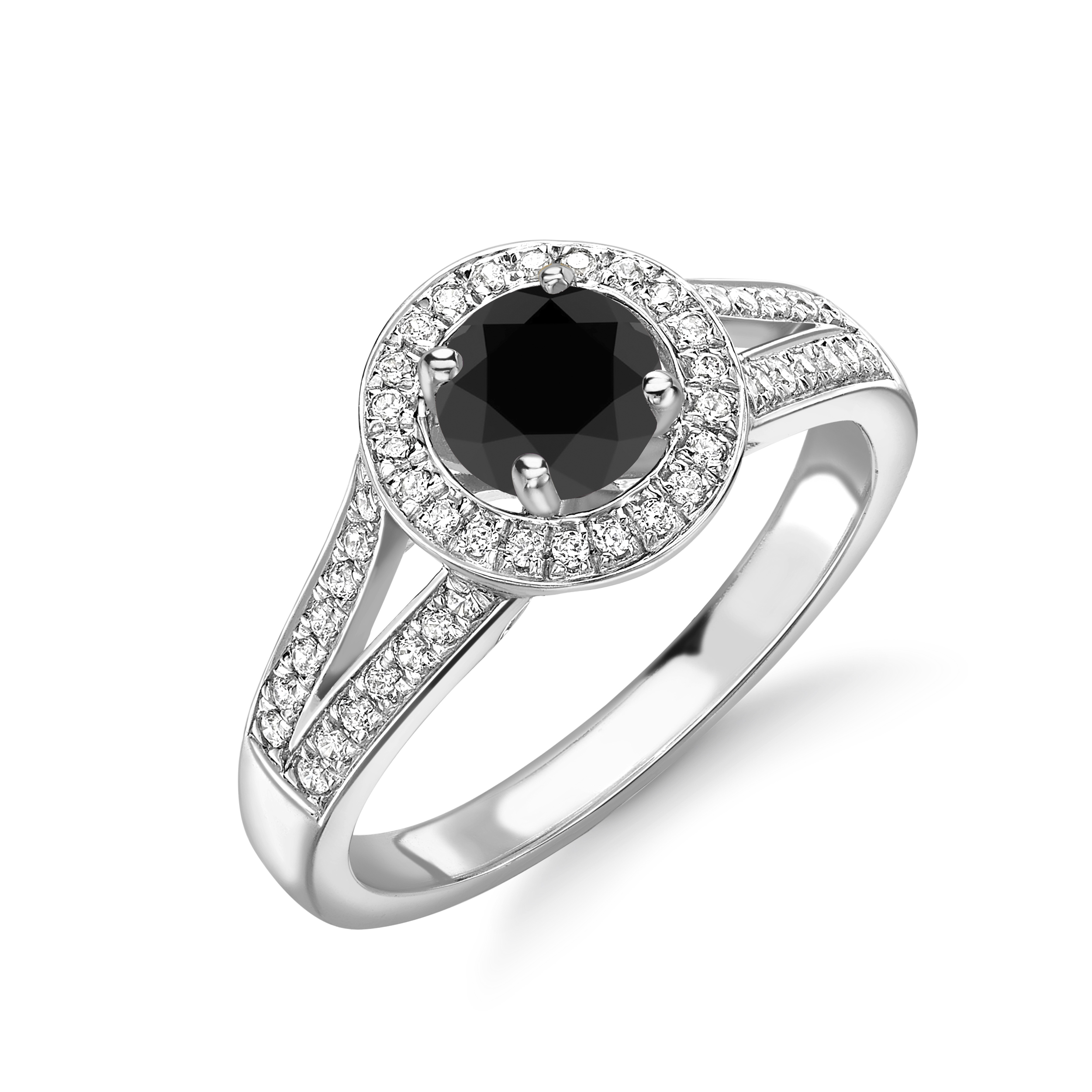Split Band Black and White Diamond Halo Engagement Rings