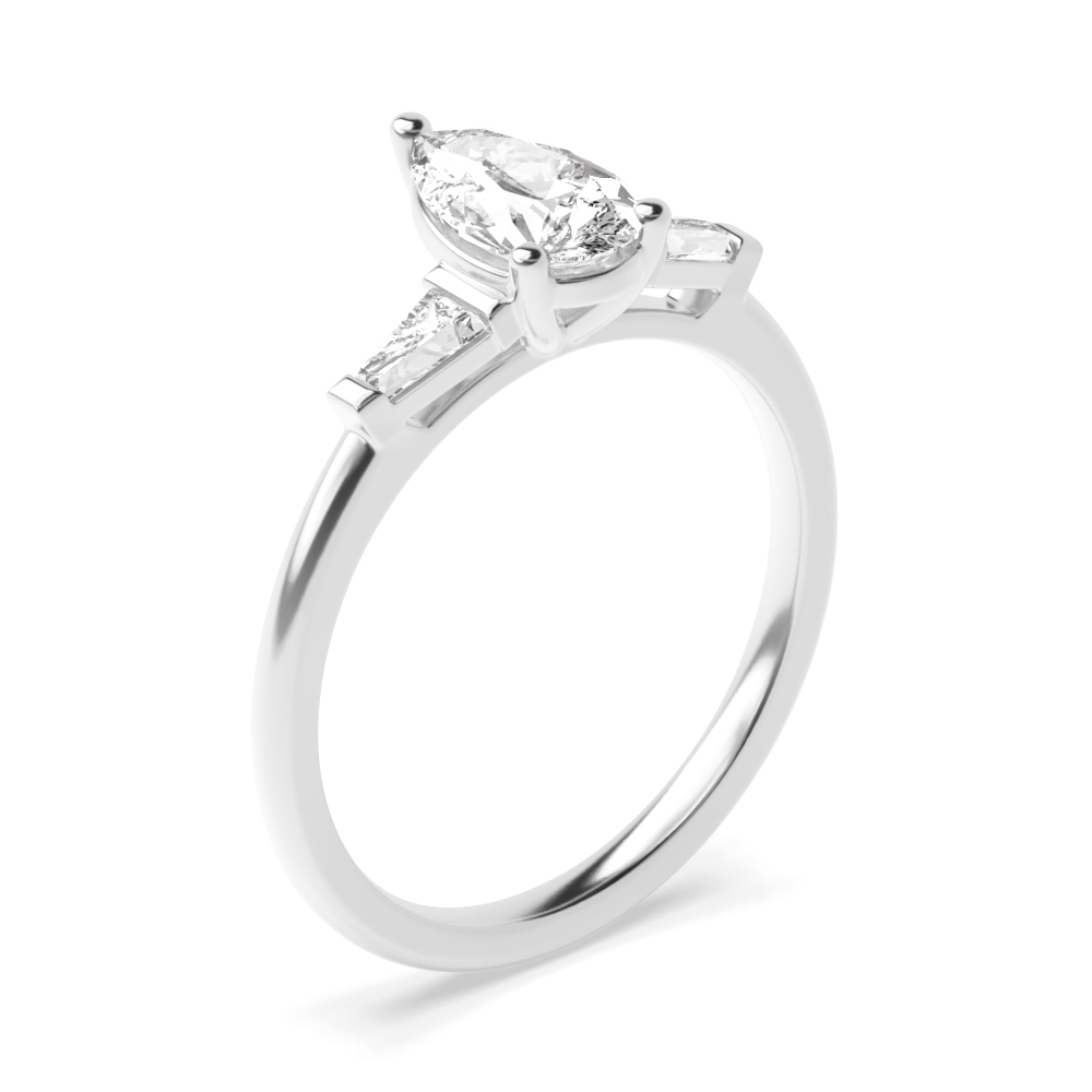 Pear Shape And Tapered Baguette on Side Diamond Engagement Rings