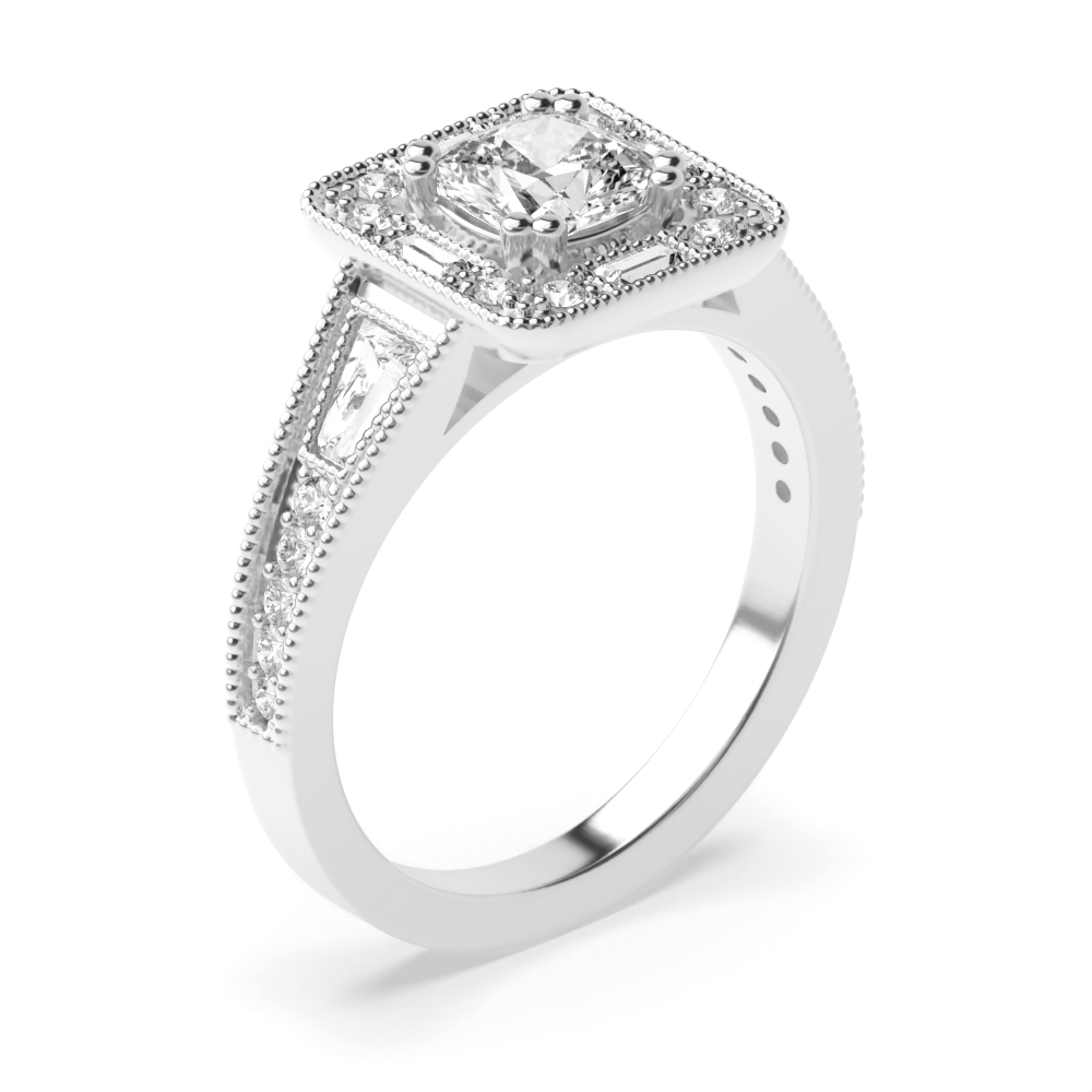 Prong Setting Cushion Shape Round and Baguette on shoulder - Unique Halo Diamond Engagement Rings