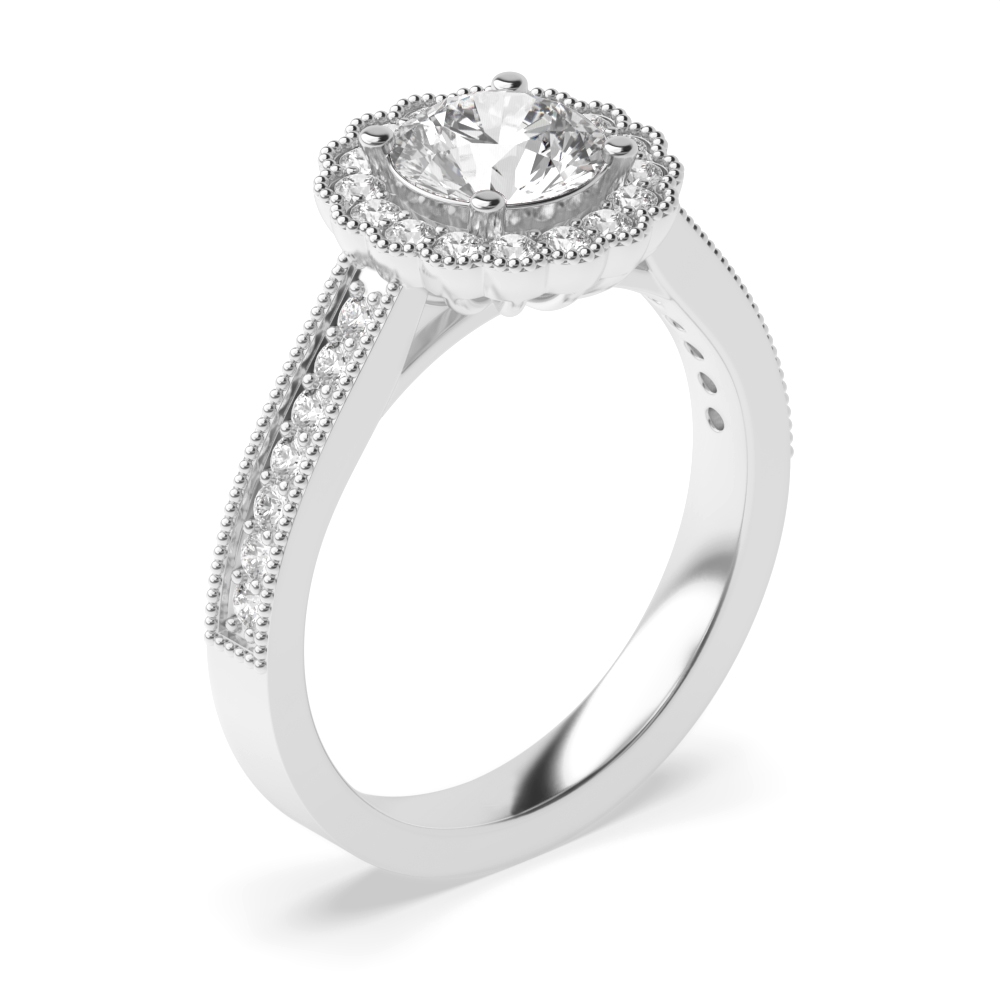 Prong Setting Round Shape Miligrain Basel on Halo Diamond Engagement Rings