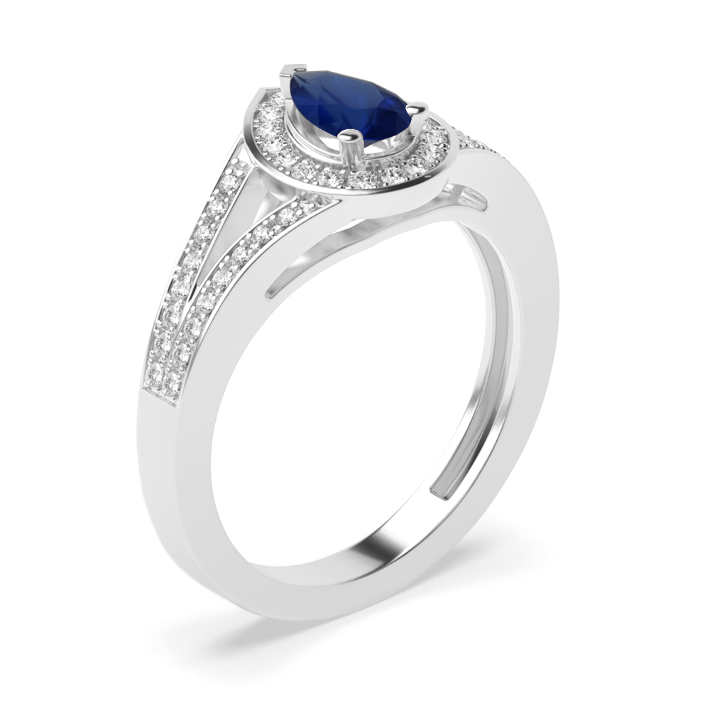 Prong Setting Pear Shape 2 Row Shoulder Halo Blue Sapphire Engagement Rings