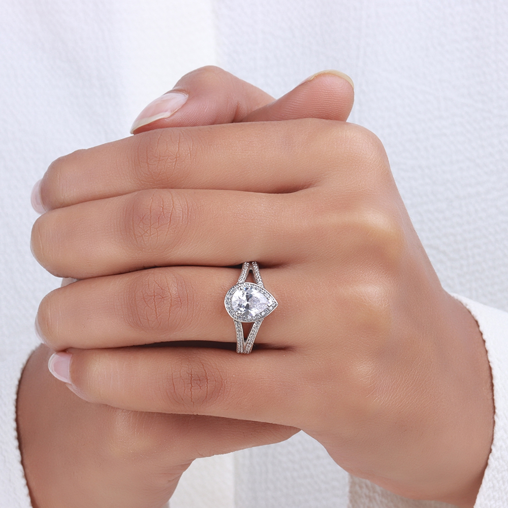 Prong Pear Split Shank Halo Engagement Ring