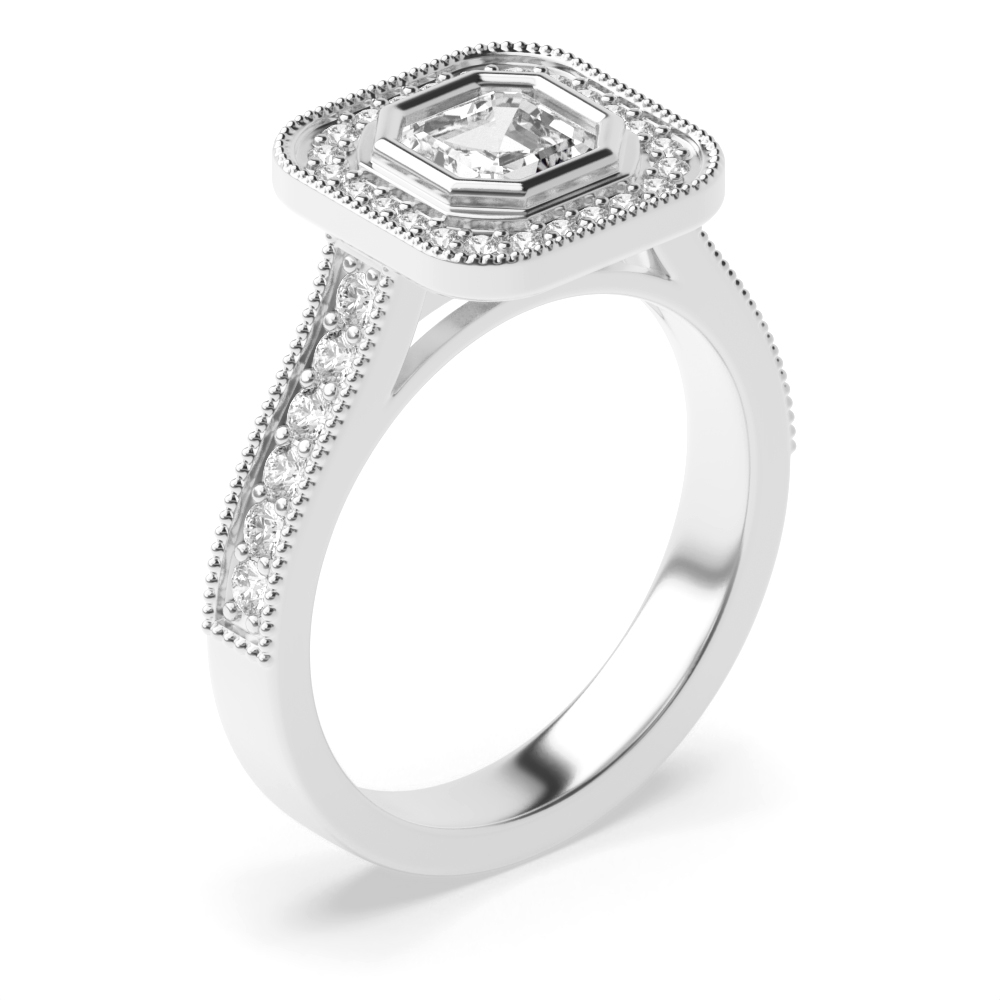 Bezel Setting Asshcer Shape Pave Setting Milligraing Halo Diamond Engagement Rings