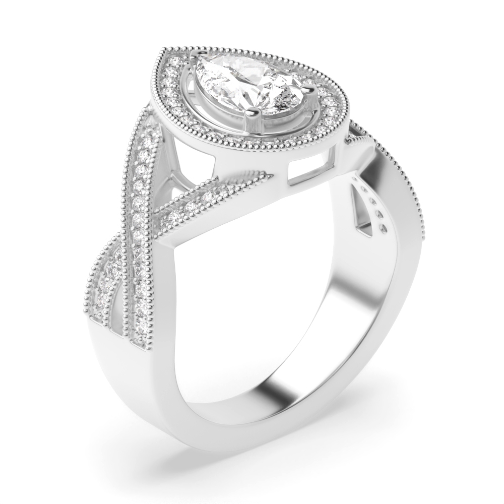 Prong Setting Pear Shape Cross Over Shoulder with Miligrain Halo Diamond Engagement Rings